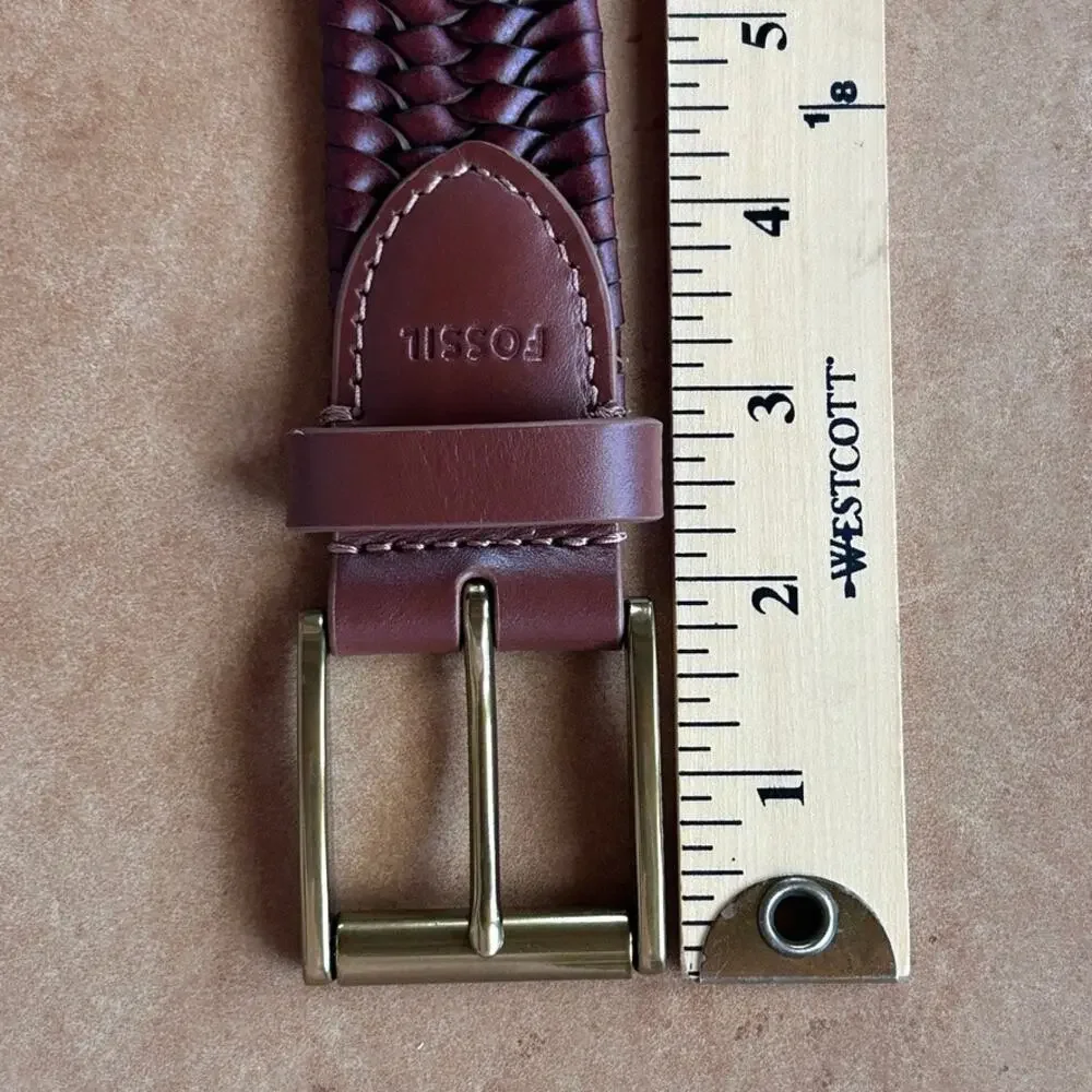 Fossil Maddox Genuine Leather Woven Belt Brown Solid Brass Buckle Western 38